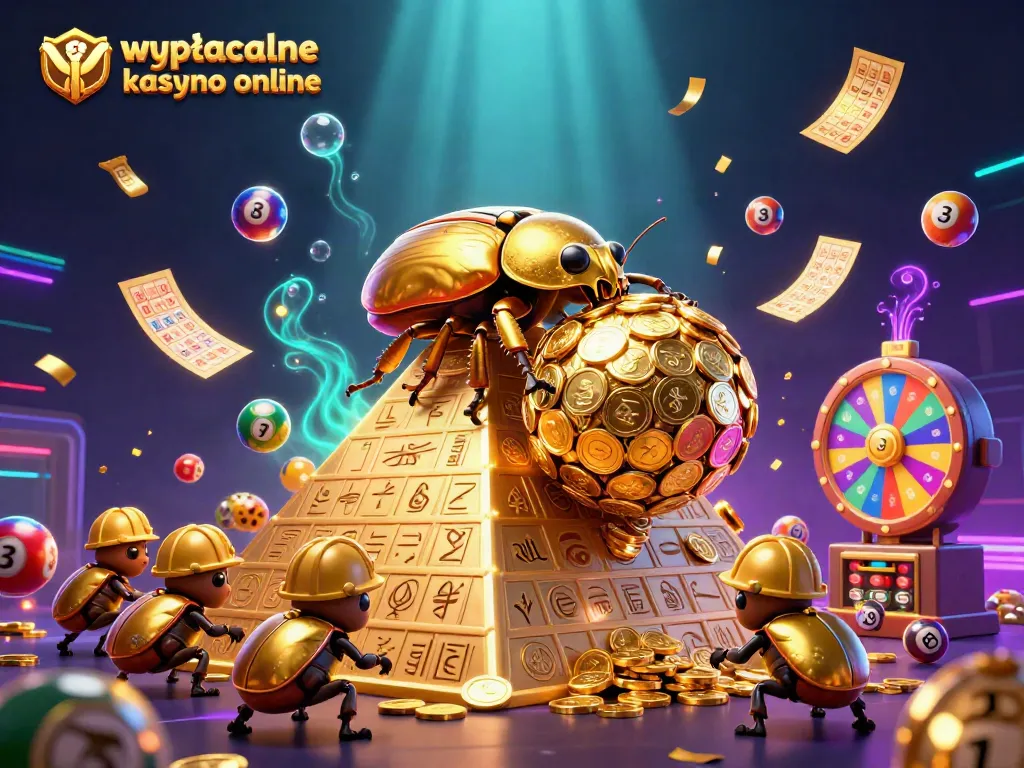 Experience the vibrant action of wypłacalne kasyno online with golden beetles, colorful lottery balls, and dynamic casino elements.
