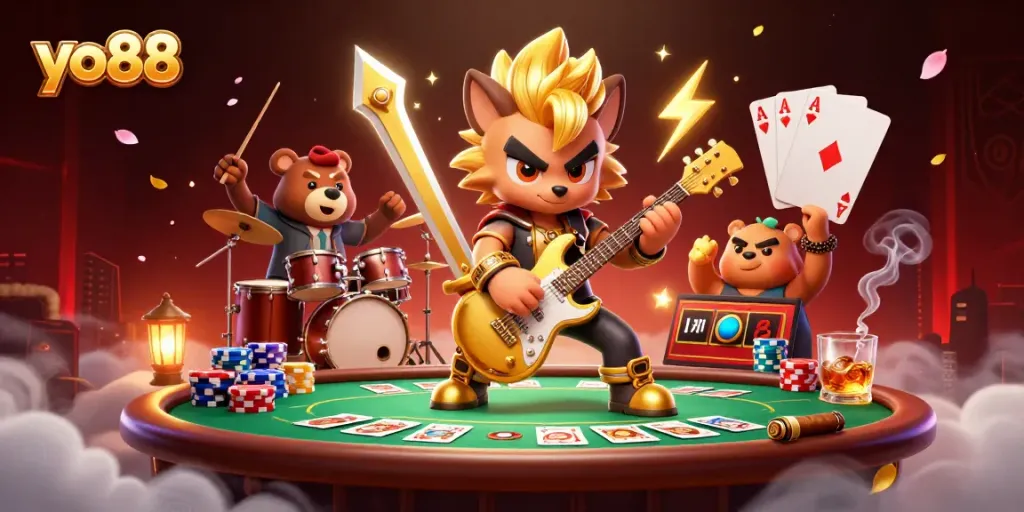 Experience thrilling moments at yo88 with a vibrant 3D casino scene featuring dynamic characters and poker elements.