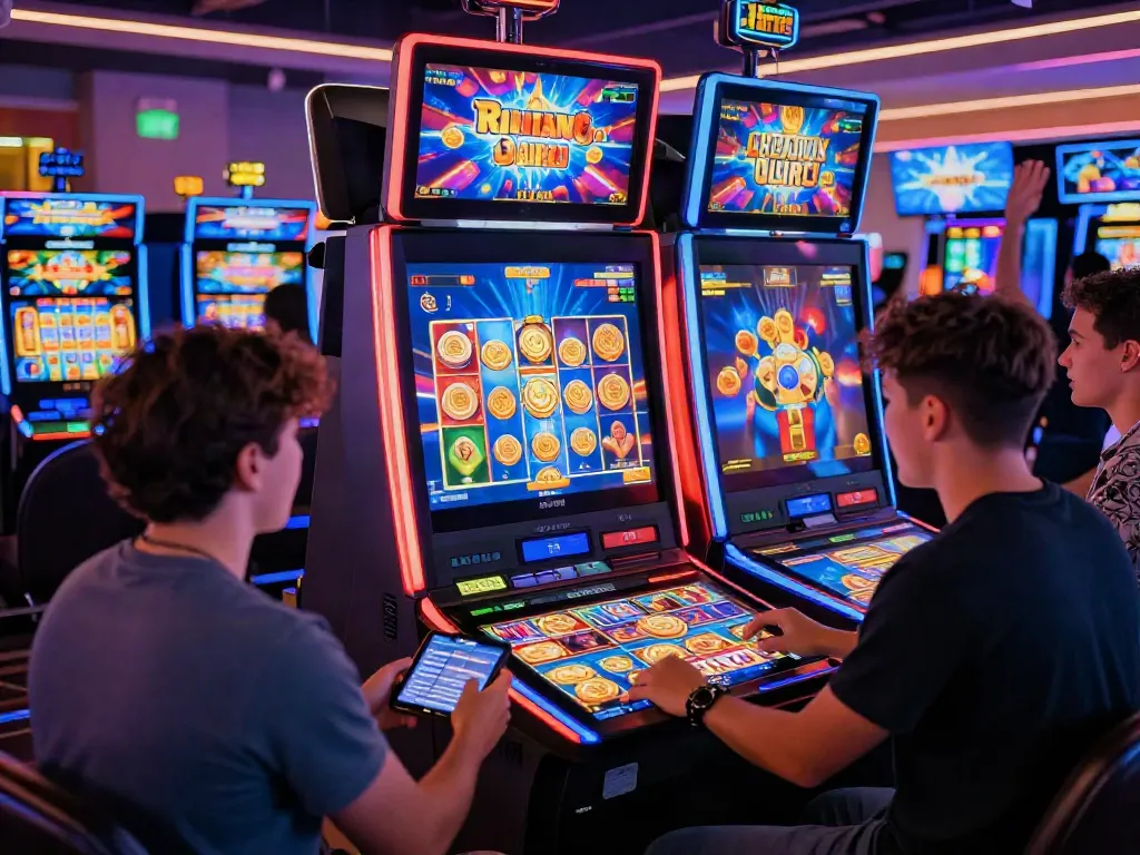 Players enjoying the excitement of slot777 online gaming with vibrant digital slots and celebrating wins.