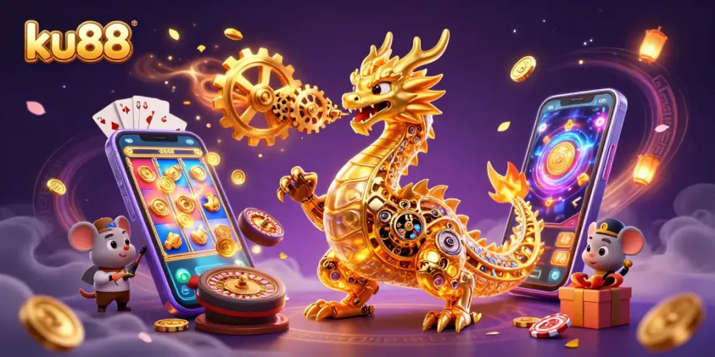 Experience thrilling action at ku88 with a biomechanical dragon amidst casino games and golden gears.