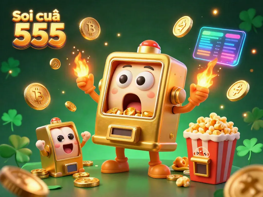 Soi cầu 555 cartoon slot machine hitting a jackpot with golden coins spilling out, celebrating with smaller slot machines.