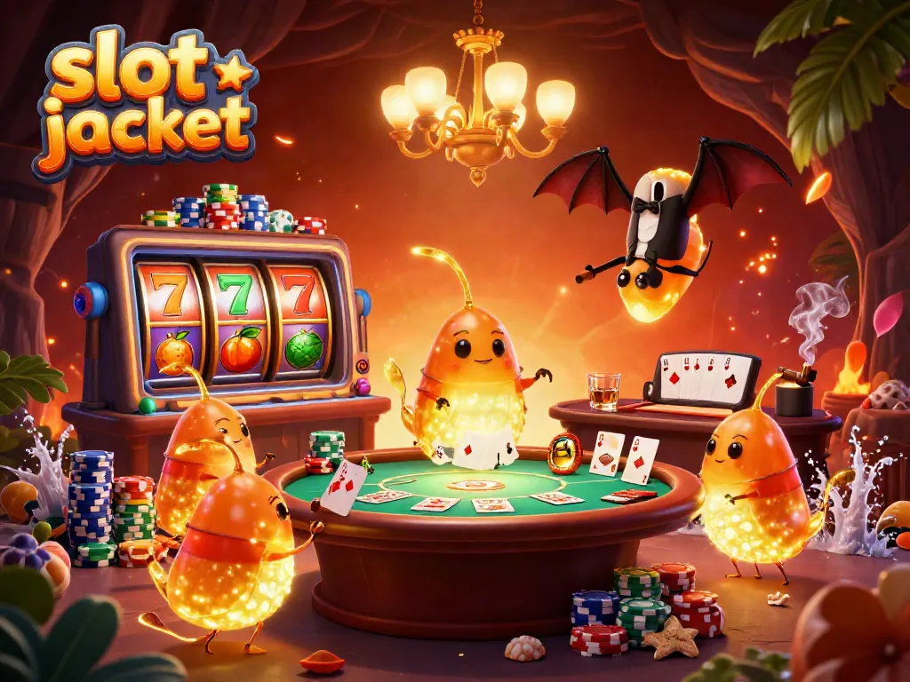 Engaging scene illustrating a vibrant slot jackpot casino filled with colorful slot reels and lively characters.