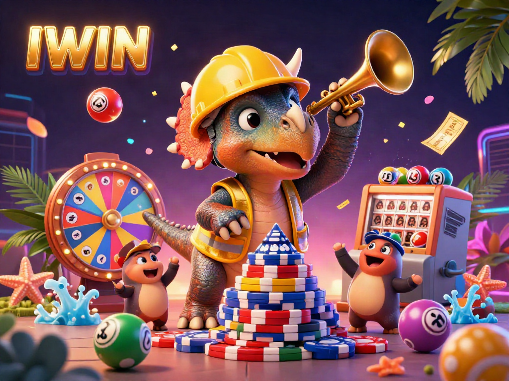 Join the IWIN gaming celebration as colorful lottery elements bounce around a triumphant scene.
