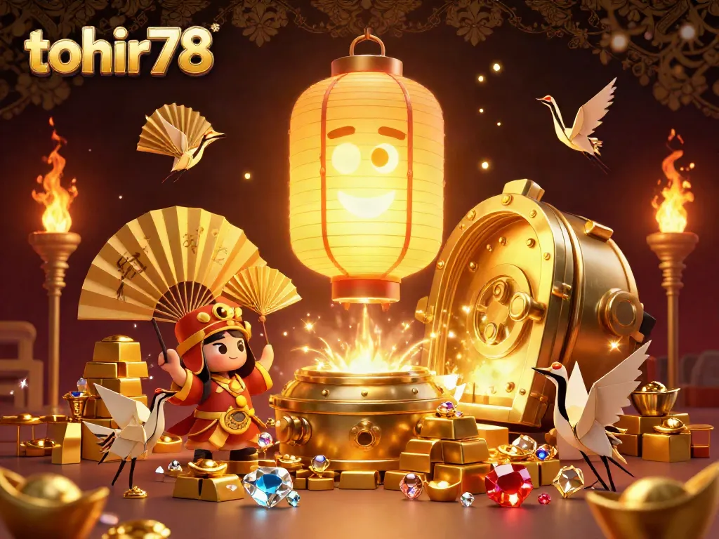 Engage with tohir78's enchanting casino experience, showcasing golden treasures and lucky symbols in a vibrant setting.