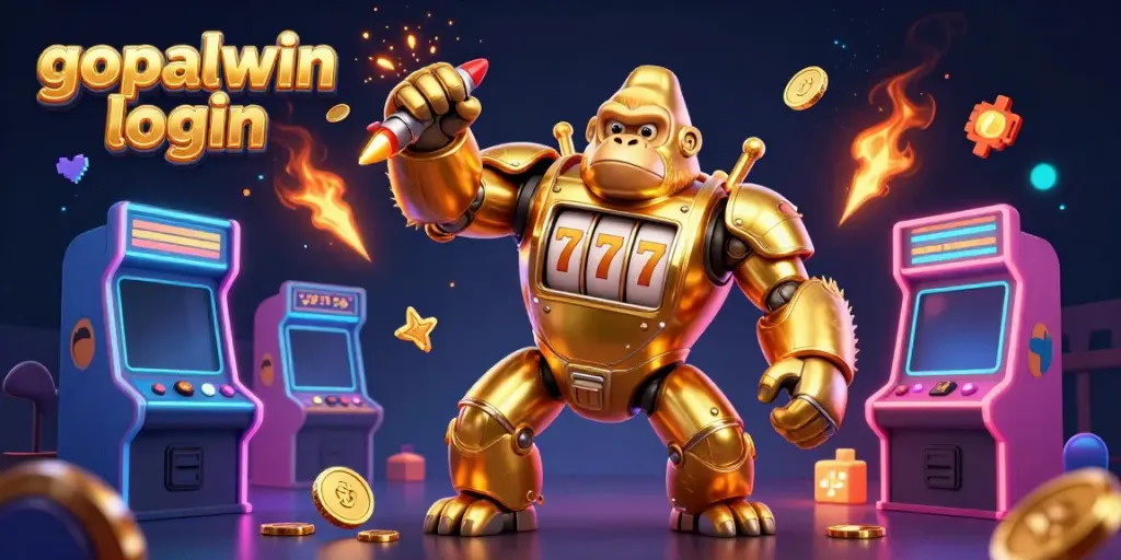 Experience the gopalwin login with a vibrant 3D scene featuring a golden gorilla mech surrounded by dynamic gaming elements.