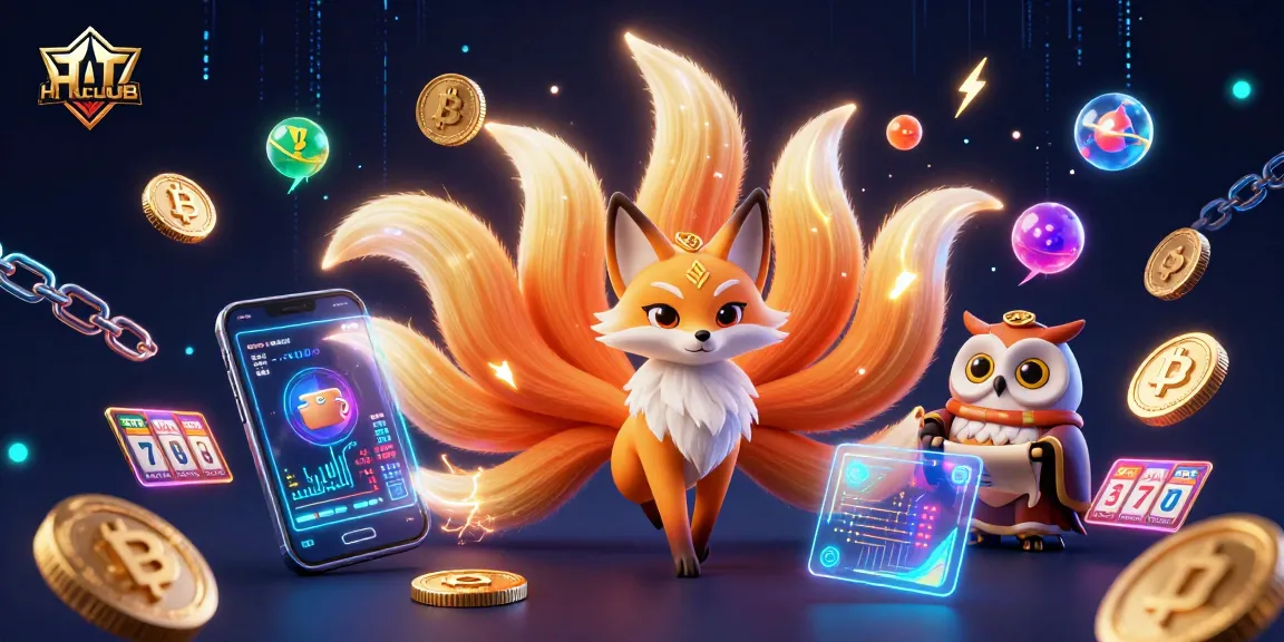 Engage with HITCLUB's vibrant crypto casino scene filled with a nine-tailed fox spirit, owl sage, and dynamic elements.