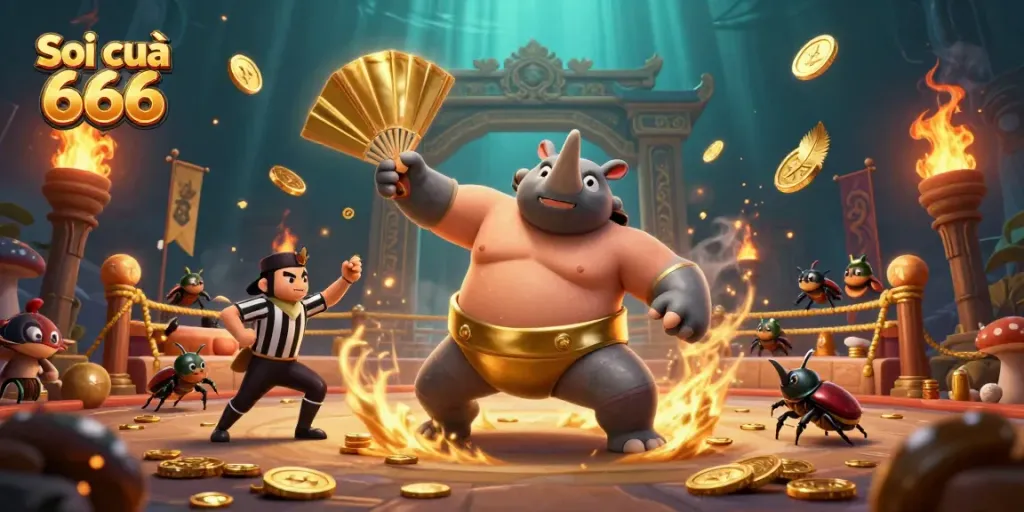 Soi cầu 666 features a vibrant 3D scene with a cartoon beetle sumo champion and exciting gambling elements.