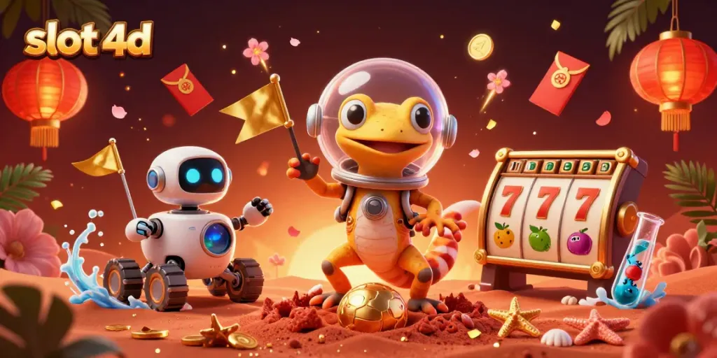 Raih slot 4d dengan gecko Martian dan robot dalam kasino emas di Mars, merayakan kemenangan.