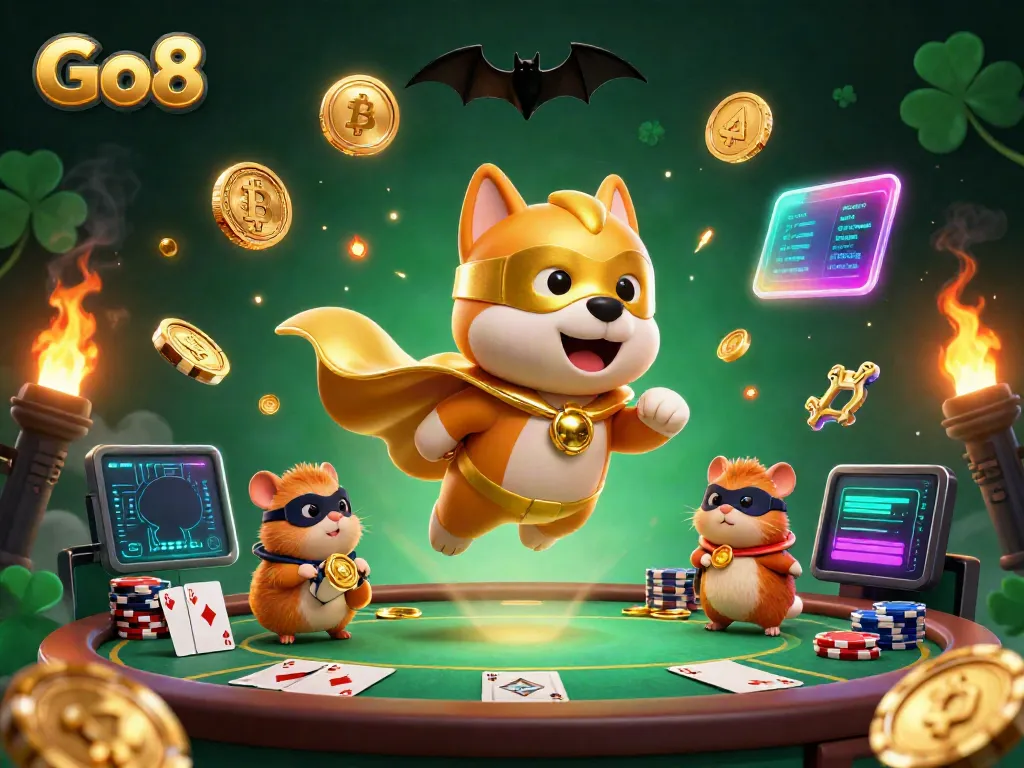 Catch exciting Go8 casino moments with a playful superhero dog and hamster amidst poker elements and neon crypto coins.