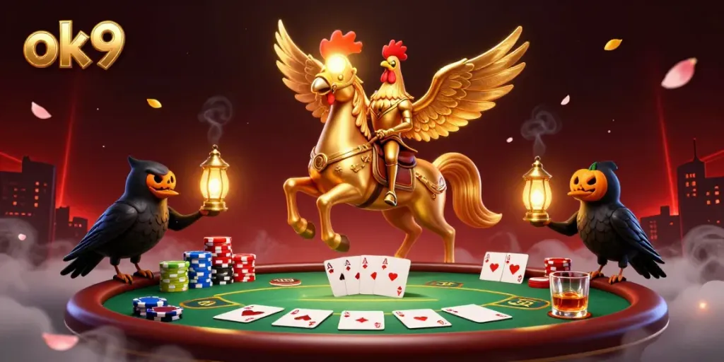 Experience thrilling gameplay with ok9 in this vibrant 3D casino scene featuring poker elements.