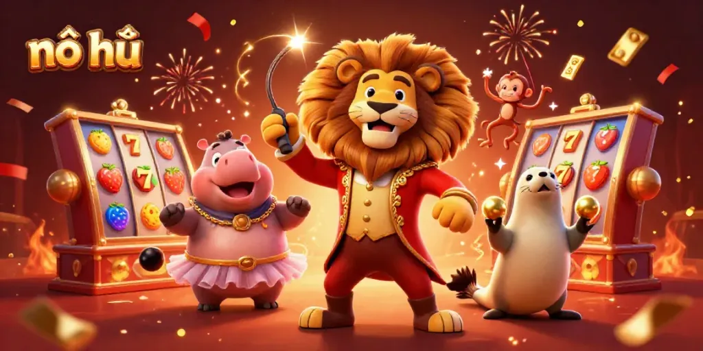 Nổ hũ offers an exciting gaming atmosphere with a vibrant circus theme featuring slot machine elements and animated characters.