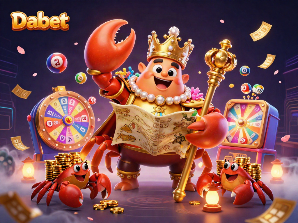 Dabet celebrates winning moments with a golden crab emperor in a vibrant casino scene.