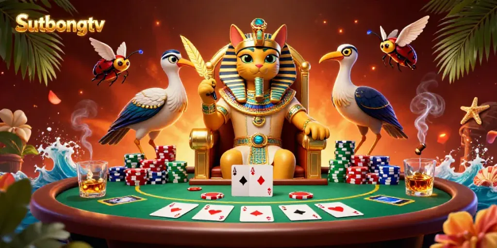 Sutbongtv showcases a vivid and detailed 3D illustration of an Egyptian-themed casino scene with vibrant characters and gaming elements.