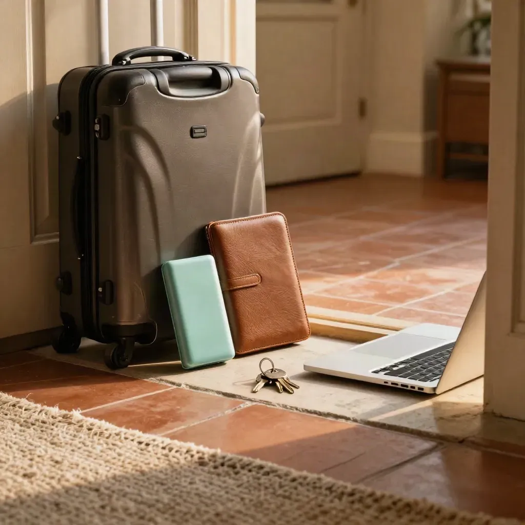 Walizka, etui na dokumenty, power bank, klucze i zamknięty laptop przy drzwiach, gotowe do wyjazdu.