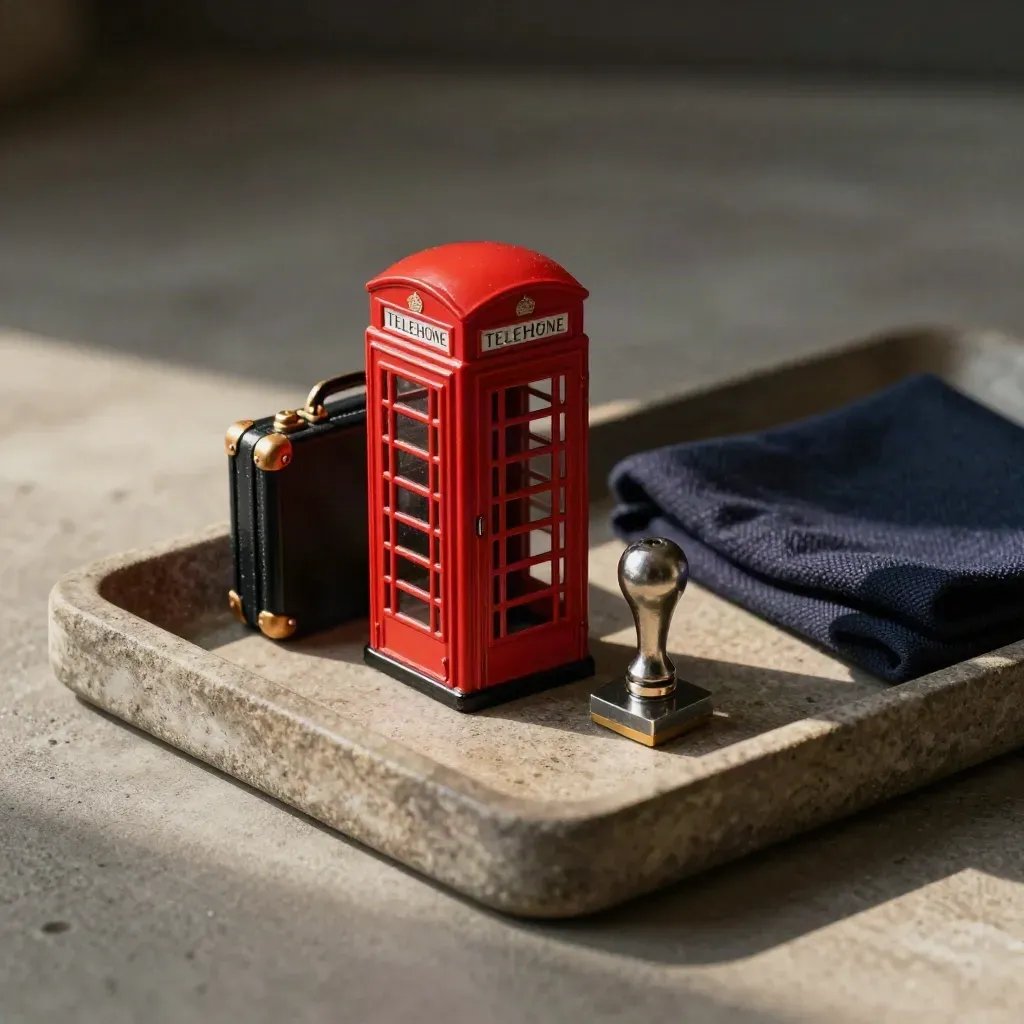 Miniaturowa czerwona budka telefoniczna, teczka i metalowy stempel na kamiennej tacy.
