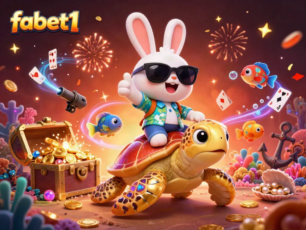 Engage with fabet1's vibrant underwater theme, showcasing a rabbit and a turtle among dynamic gaming elements.