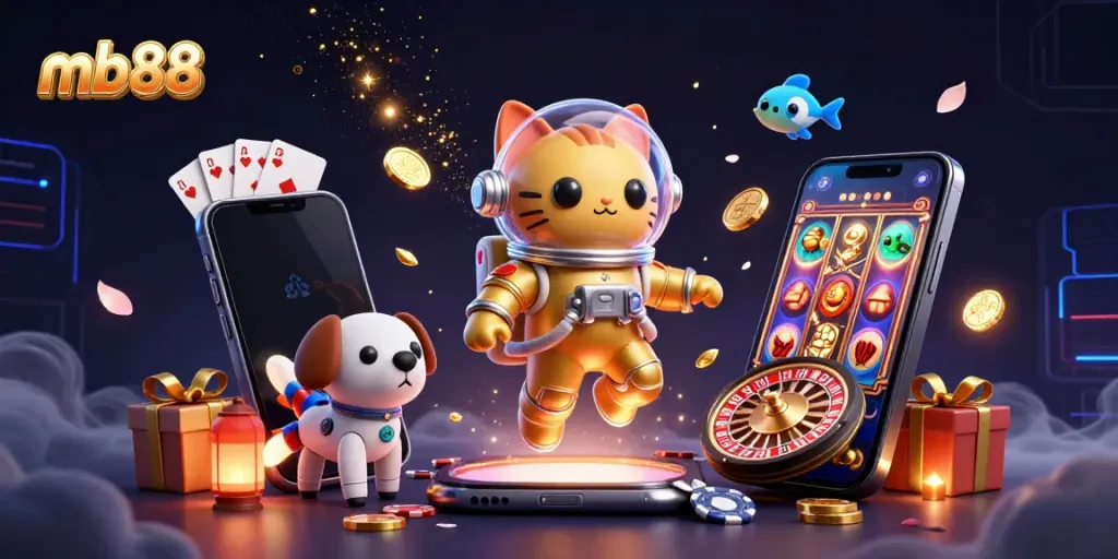 Experience thrilling casino action with mb88's vibrant 3D gaming scene featuring a cat astronaut and a rocket dog!