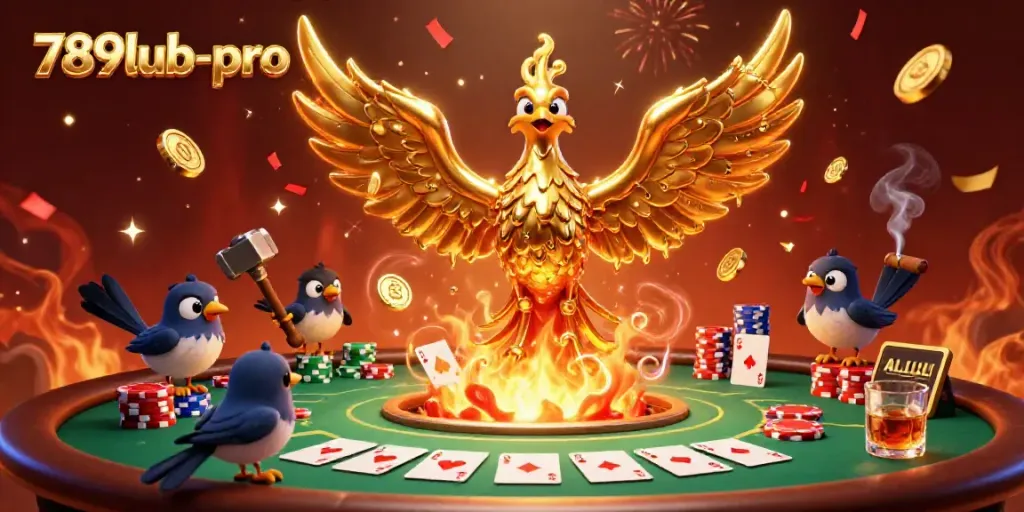 Experience the thrill of 789lub-pro with a molten phoenix and vibrant poker elements in a casino scene.