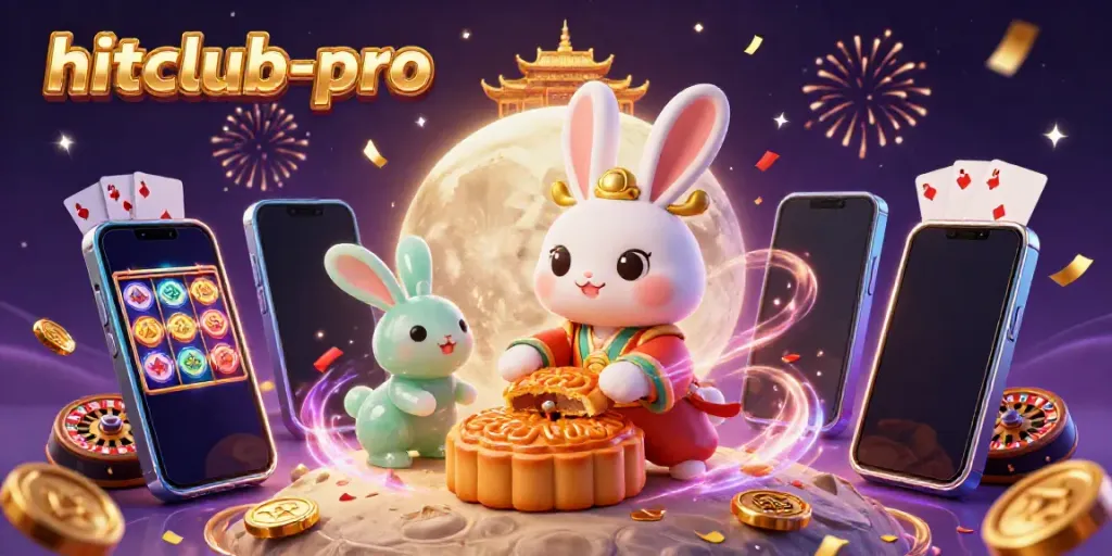 Experience gaming excitement with hitclub-pro as the moon rabbit reveals poker chips amid festive elements.