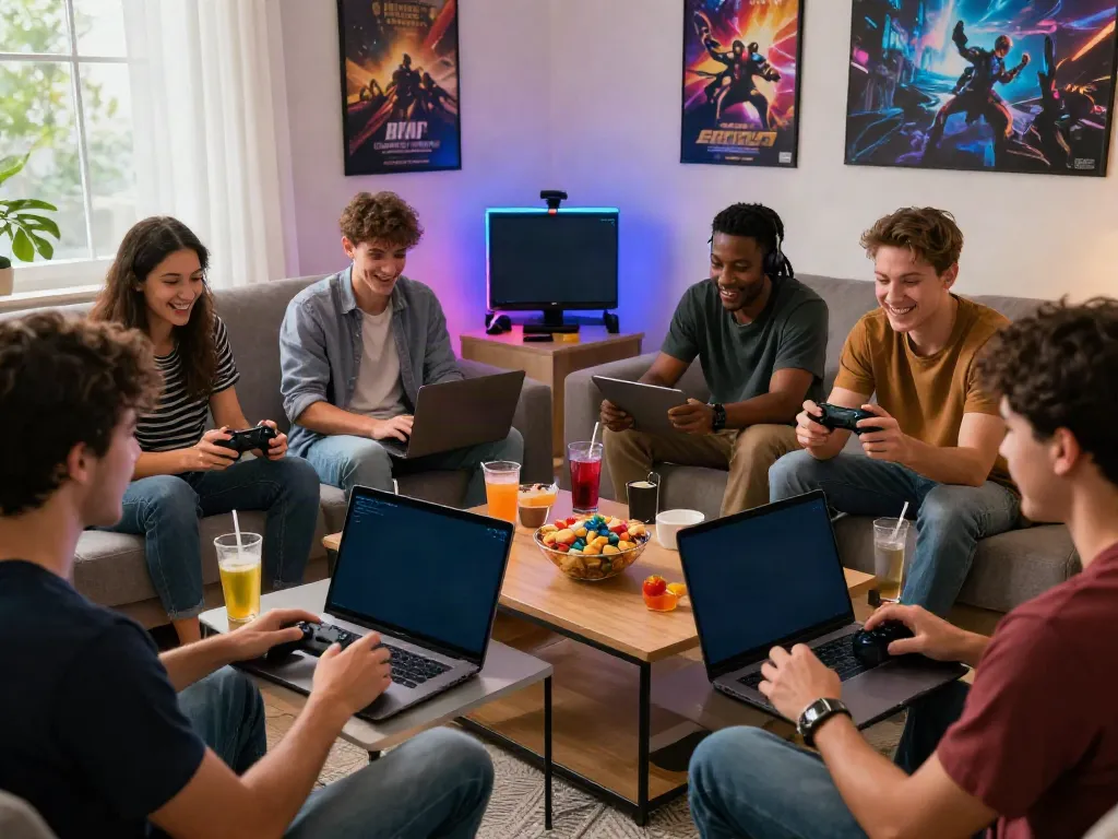 Friends enjoying a vibrant gaming experience on Kilat404 platform in a cozy living room.