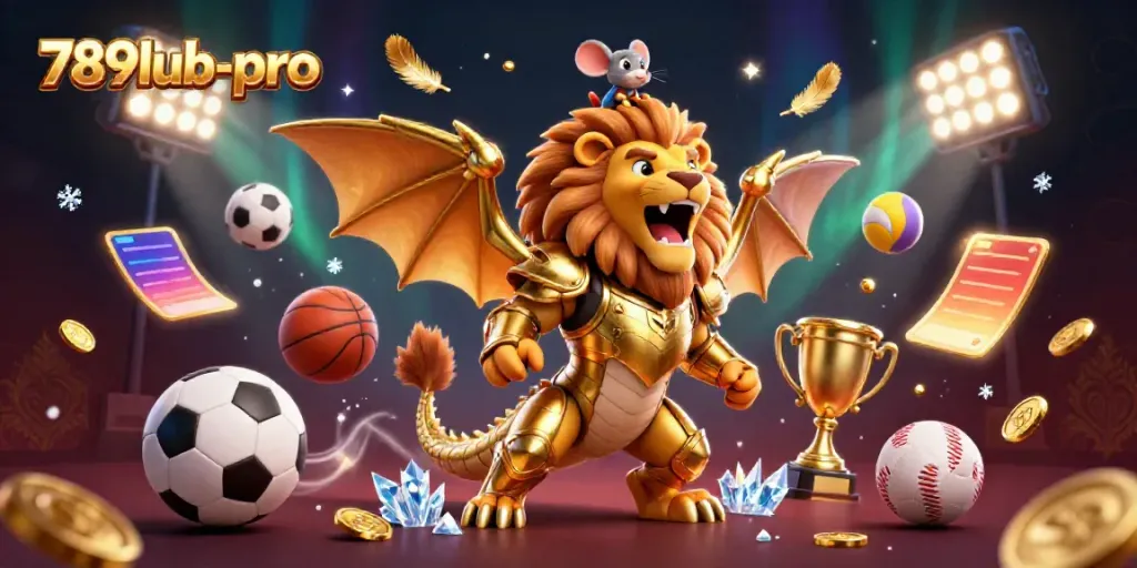 Engage in thrilling gameplay at 789lub-pro with a dynamic casino scene featuring a triumphant chimera and sports elements.