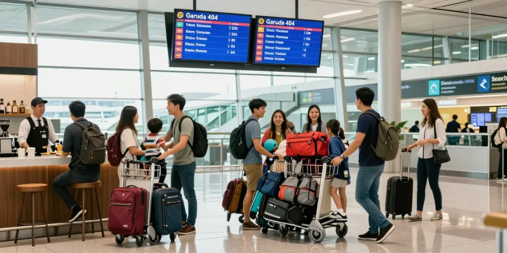 Travelers celebrating the arrival of Garuda 404 at a busy airport, showcasing vibrant atmosphere and excitement.