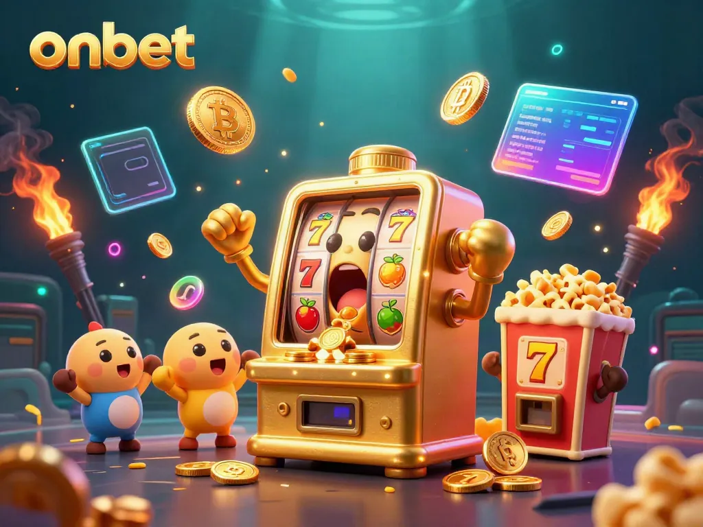 Experience the thrill of onbet casino with a golden slot machine winning big surrounded by cheering mini slots.