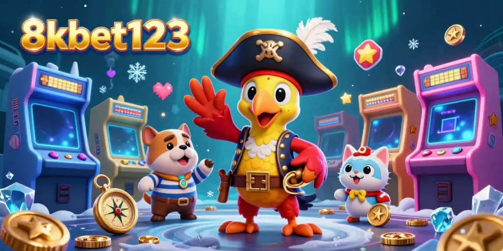 Experience the vibrant 8xbet123 casino world featuring a dynamic pirate crew amidst colorful arcade elements.