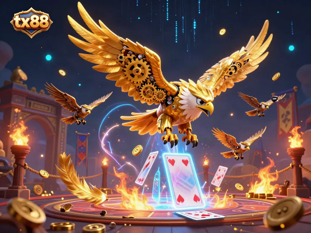 Experience electrifying wins at tx88 with a dynamic scene featuring a cybernetic golden eagle and holographic cards.