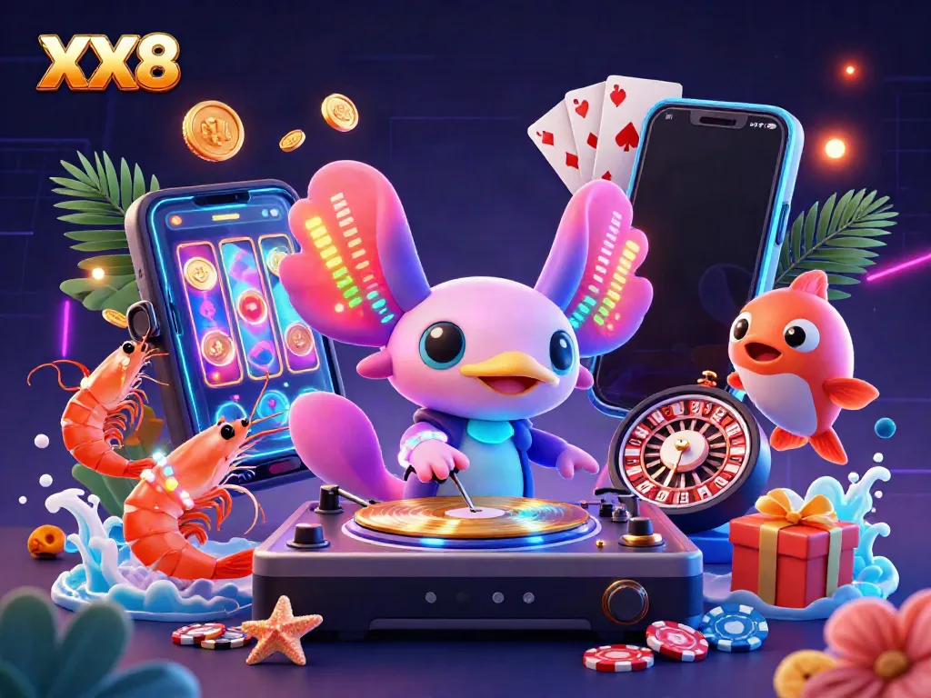 Experience the vibrant world of gambling with XX8's dynamic underwater party featuring a neon axolotl DJ and casino elements.