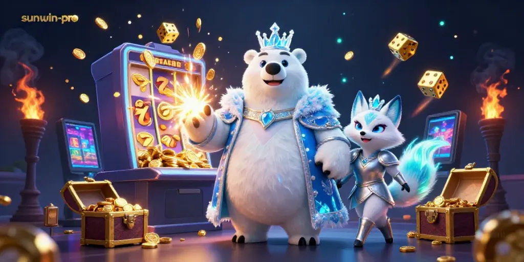 Experience thrilling wins with sunwin-pro's vibrant casino action featuring a polar bear and fox amid jackpot excitement.