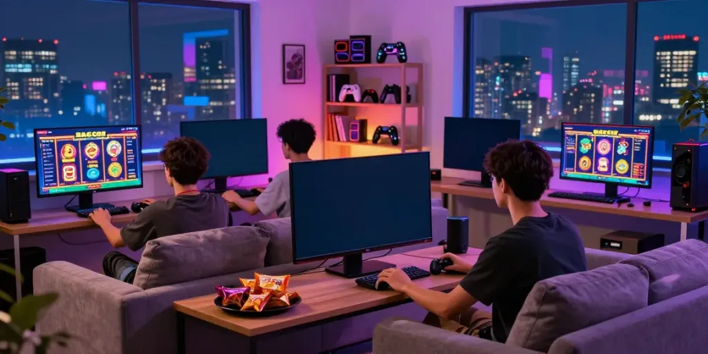 Individual immersed in slot gacor hari ini gameplay in a modern living room with vibrant decor.