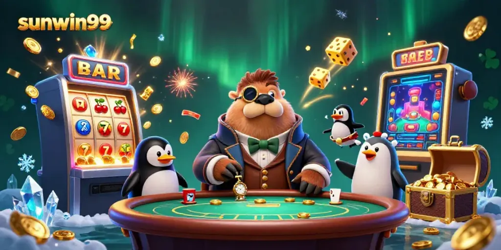 Engage with the sunwin99 underwater casino poker scene featuring a walrus, penguin dealer, and pufferfish bluffing.