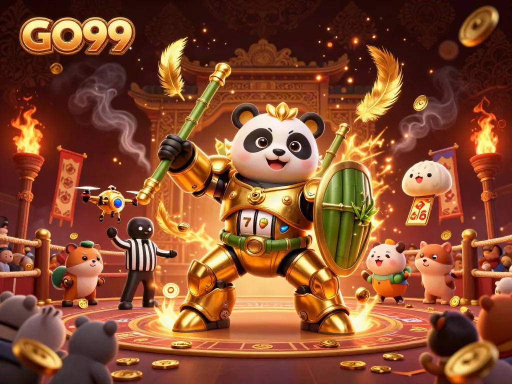 Engage in thrilling gameplay featuring GO99 with a mech-suit panda in a vibrant casino scene