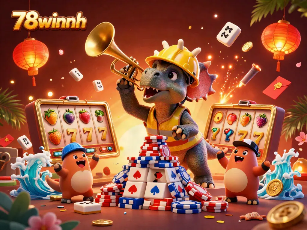 Engage with 78winnh's colorful slot game scene featuring joyful characters building poker chip pyramids surrounded by exciting game elements.