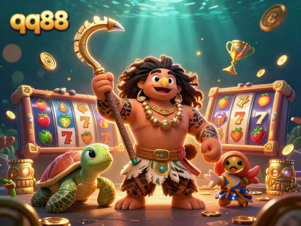 Engage in thrilling qq88 gameplay featuring a Maui-style demigod hawk, vibrant slot reels, and golden trophies.