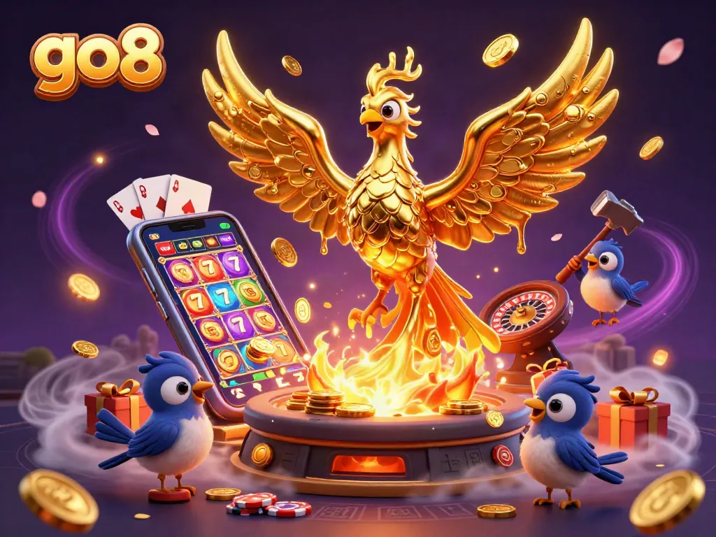 Engage in thrilling gameplay with go8 as golden coins and slot symbols fill the air.