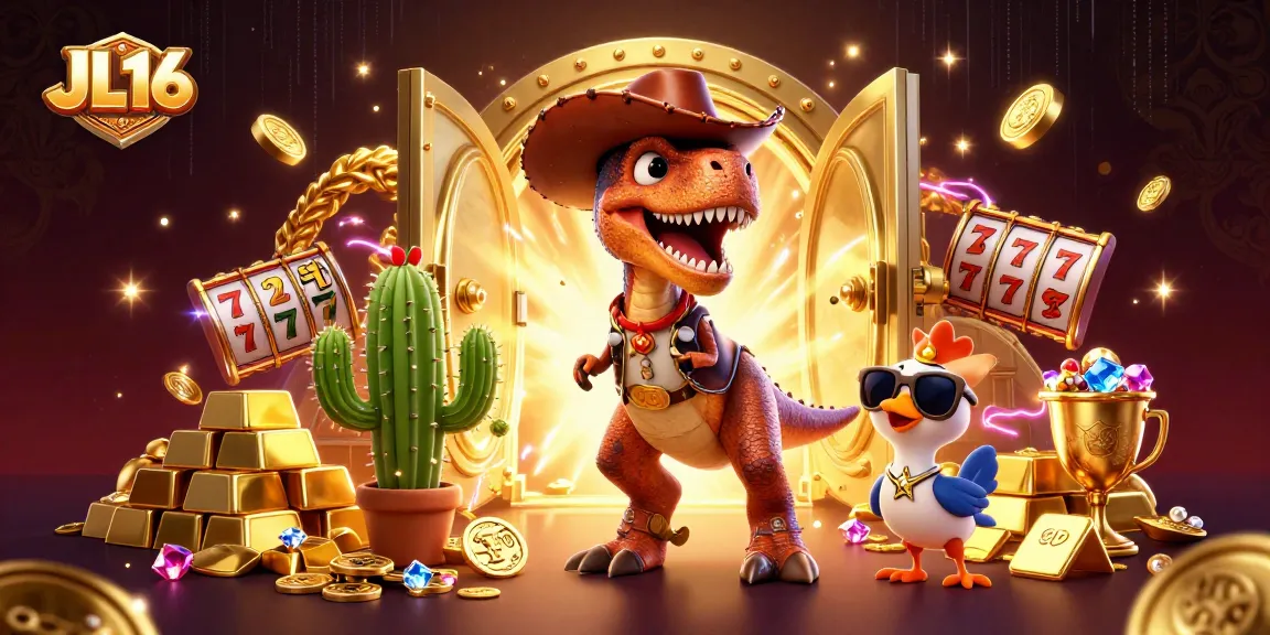 Experience thrilling gameplay at JL16 with the cartoon T-Rex and treasures in a vibrant casino scene