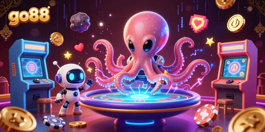 Experience go88 with a vibrant 3D casino scene featuring an alien octopus at a holographic poker table.