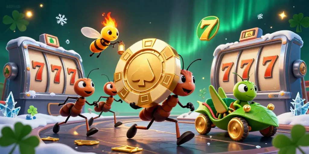 B52CLUB showcases cartoon ants executing a casino heist with giant poker chip, dynamic with slot elements.