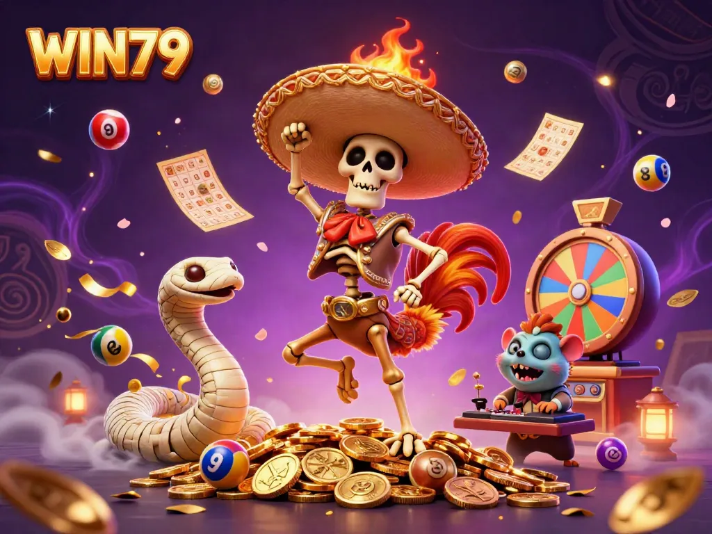 Experience the excitement of WIN79 casino with vibrant characters and gold coins in a lively atmosphere.