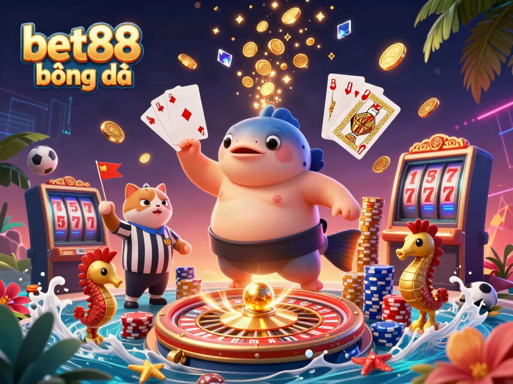 Experience the excitement of bet88 bóng đá with vibrant underwater casino action featuring a fugu, referee, and sports elements.