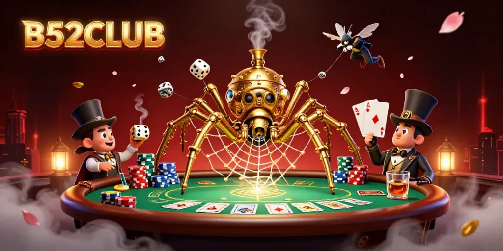 B52CLUB themed illustration of a steampunk spider in a web of poker chips and poker elements.