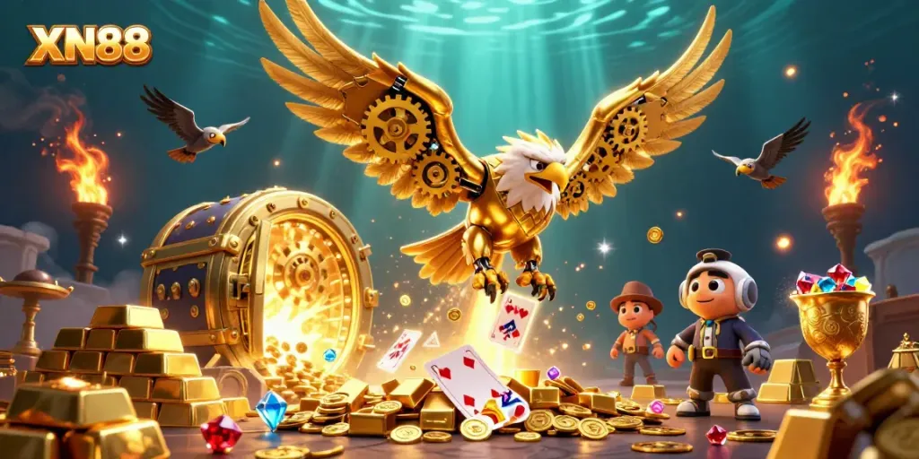 Dive into the excitement of XN88 as a cybernetic eagle soars through holographic cards amidst treasure.