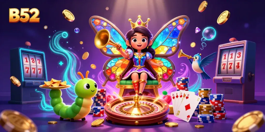 Experience the vibrant B52 casino world with a dazzling butterfly queen, chips, and gold!