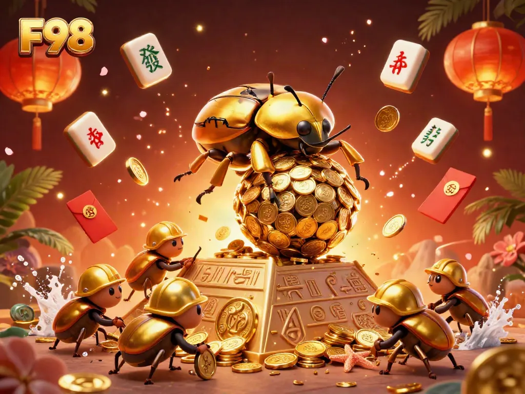 Experience F98 with a dynamic casino scene featuring golden beetles and festive symbols.