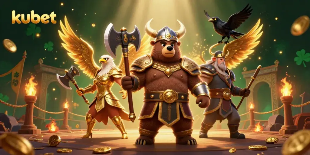 Experience kubet's dynamic gambling scene with vibrant 3D characters and casino elements.