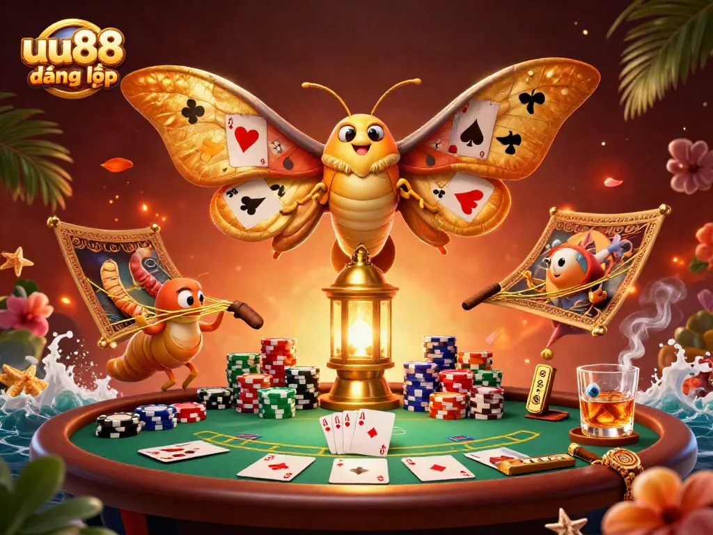 Engage with a vibrant scene of uu88 đăng nhập as a stunning 3D illustration showcasing card suits and casino elements.