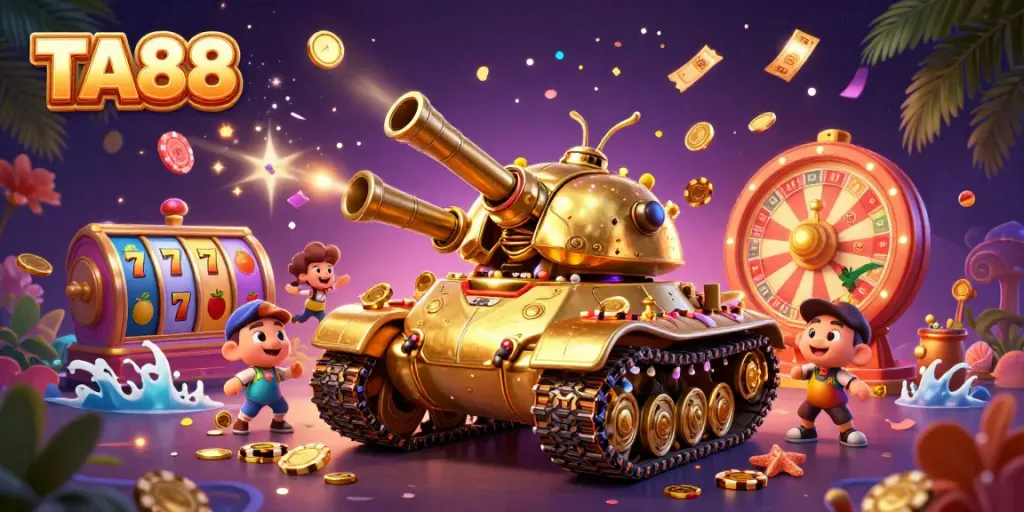 Engage with TA88's exciting casino world featuring a golden beetle tank amidst dynamic game elements.