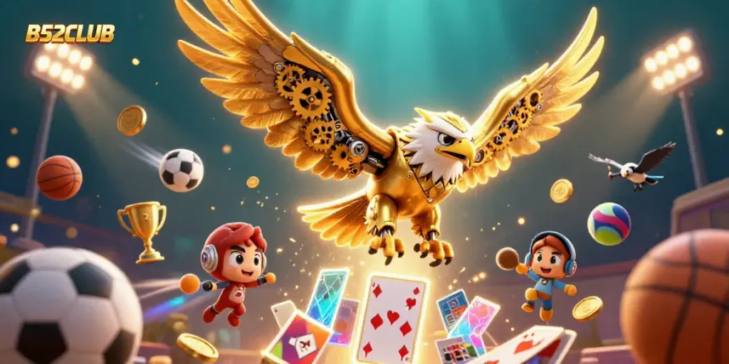 B52CLUB highlights an animated eagle surrounded by dynamic gaming elements and sports balls.